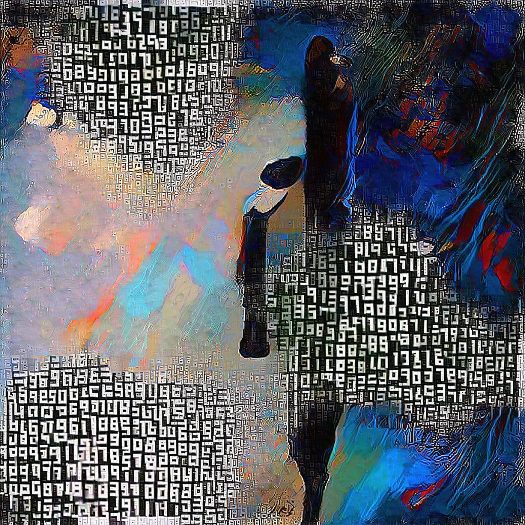 A painting with white characters on a black background and several multicolored abstract shapes