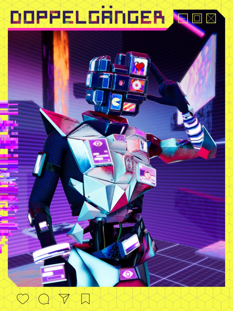 A standing figure with one arm raised, wearing a geometric vest and with a faceted head, in a blue and purple 3d environment