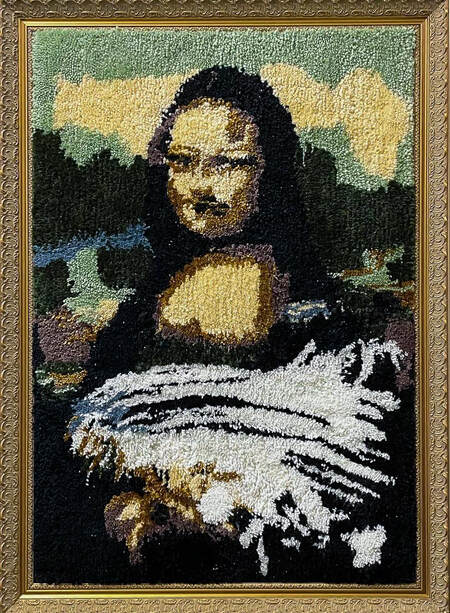 A framed needle tufted rug resembling the Mona Lisa