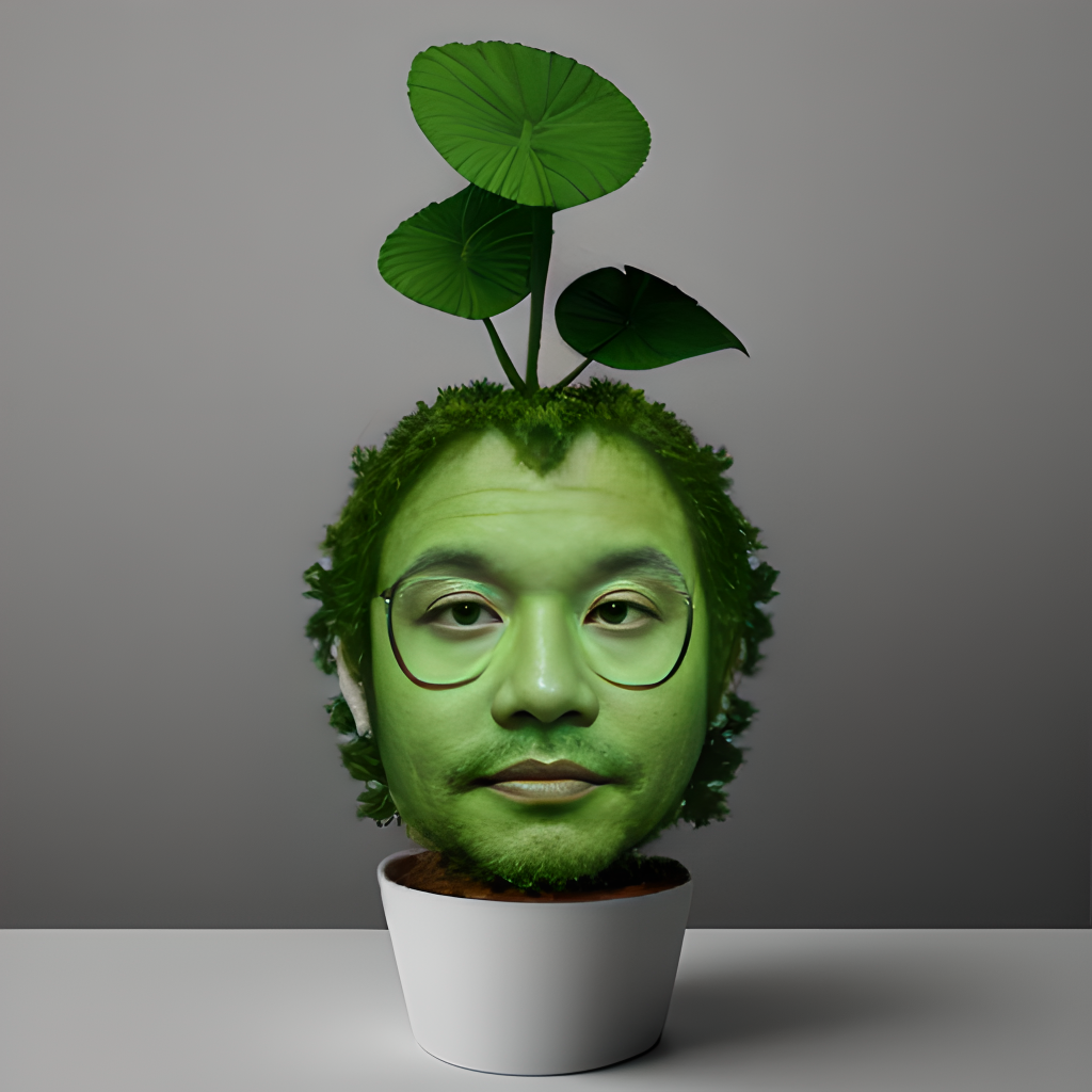 A pot on a table with a green human head growing from it, topped with three round leaves